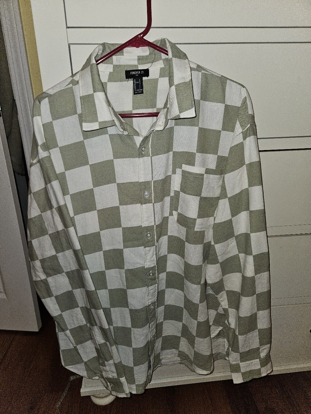 Forever 21 Green and White Check Long-Sleeve Button-Up Shirt